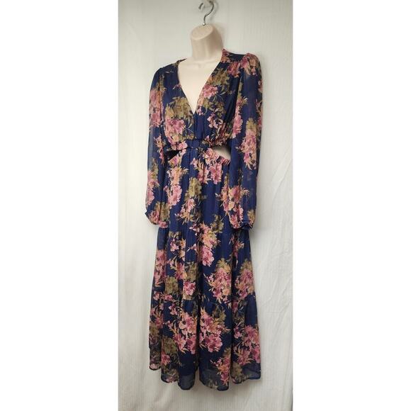 Sofia Jean Cutout Midi Floral Bouquet Balloon Sleeve V-Neck Blue Dress Size L - Picture 5 of 14
